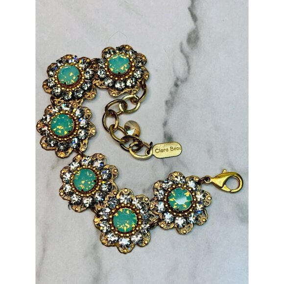 Clara Beau Gold-Tone Floral Bracelet Pacific Opal, Aqua, Swarovski Crystals -139 - Picture 7 of 7